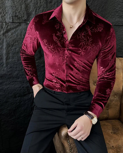 Luxury Velvet Shirt for Men - Slim Fit Casual Floral Design