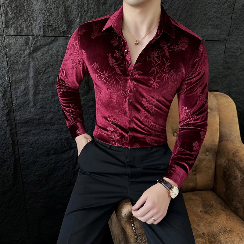 Luxury Velvet Shirt for Men - Slim Fit Casual Floral Design