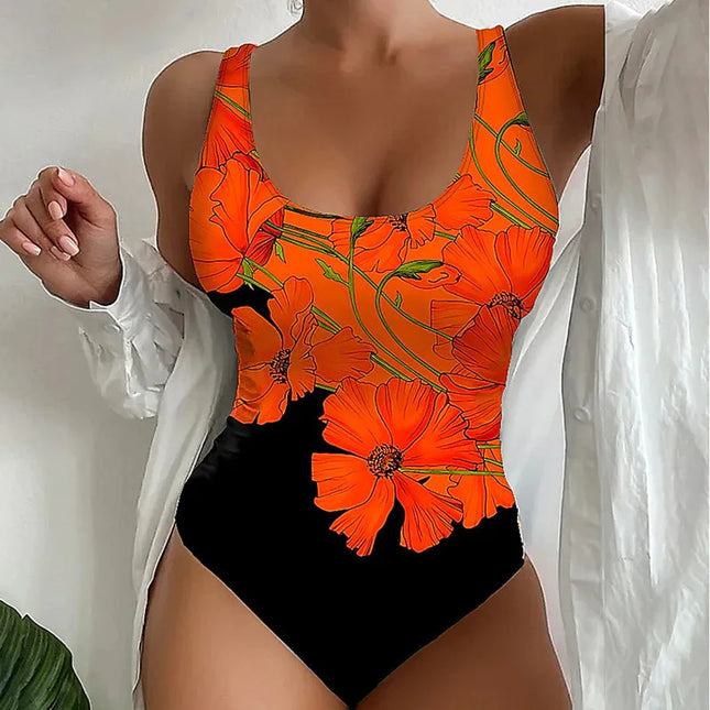 Women's One Piece Swimsuit with Floral Design and Push-Up Support