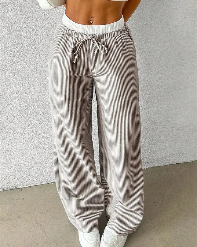 High-Waisted Wide Leg Pants for Women with Stripes, Drawstring, and Loose Fit