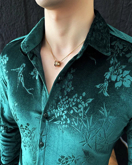 Luxury Velvet Shirt for Men - Slim Fit Casual Floral Design