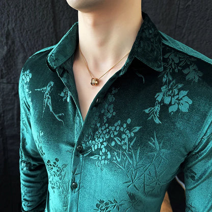 Luxury Velvet Shirt for Men - Slim Fit Casual Floral Design