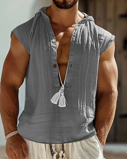 Casual Men's Loose Fit Hooded Linen Vest Shirt - Breathable & Comfortable Top