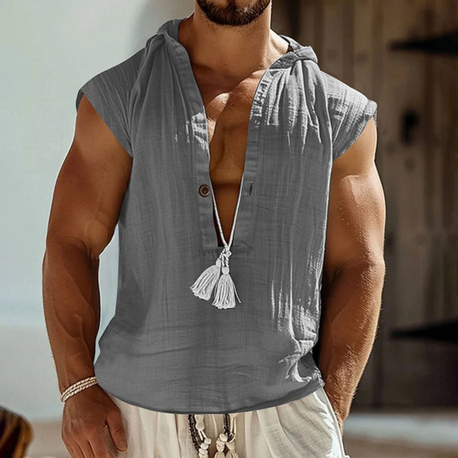 Casual Men's Loose Fit Hooded Linen Vest Shirt - Breathable & Comfortable Top