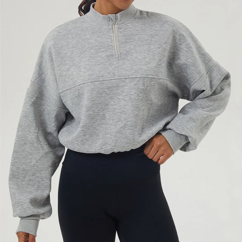 Women's High Neck Oversized Quarter Zip Cropped Sweater with Drawstring