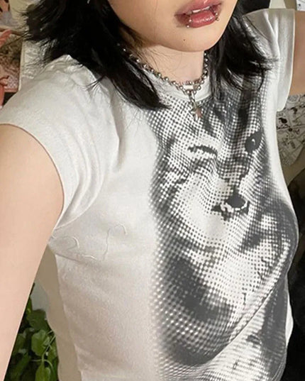 Women's Cat Print Cropped T-Shirt, Crewneck, Slim Fit Tee