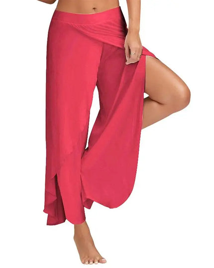 Women's Slit Flared Palazzo Trousers - Wide Leg Chiffon Pants with Side Split