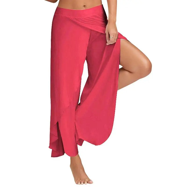 Women's Slit Flared Palazzo Trousers - Wide Leg Chiffon Pants with Side Split