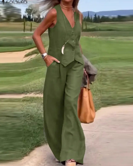 Womens Two Piece Sleeveless Vest Shirt and Trousers - Matching Set