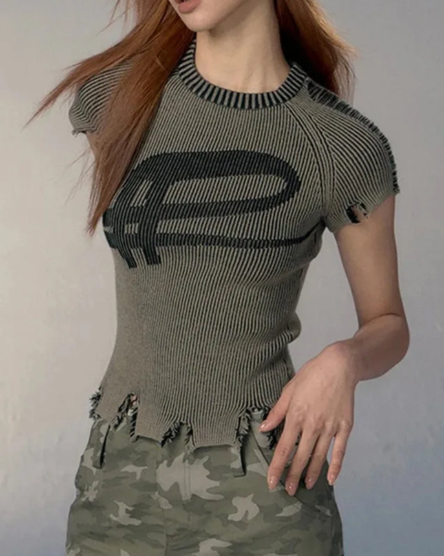 Women's Vintage Distressed Crop Harajuku Slim Ribbed T-Shirt