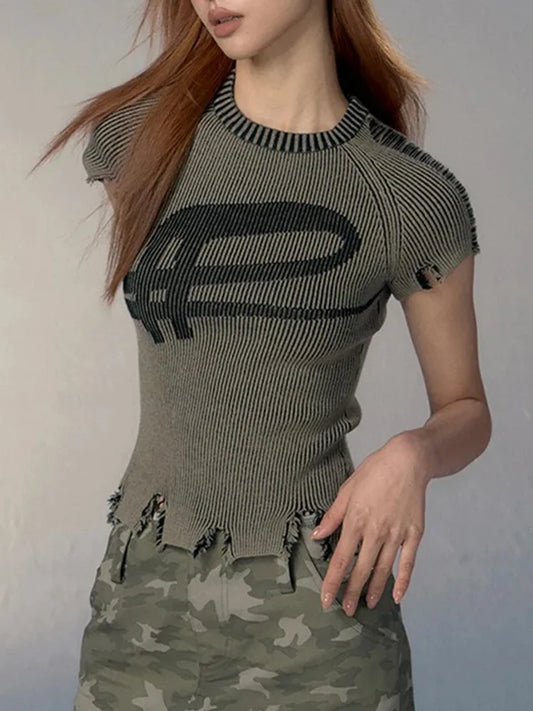 Women's Vintage Distressed Crop Harajuku Slim Ribbed T-Shirt