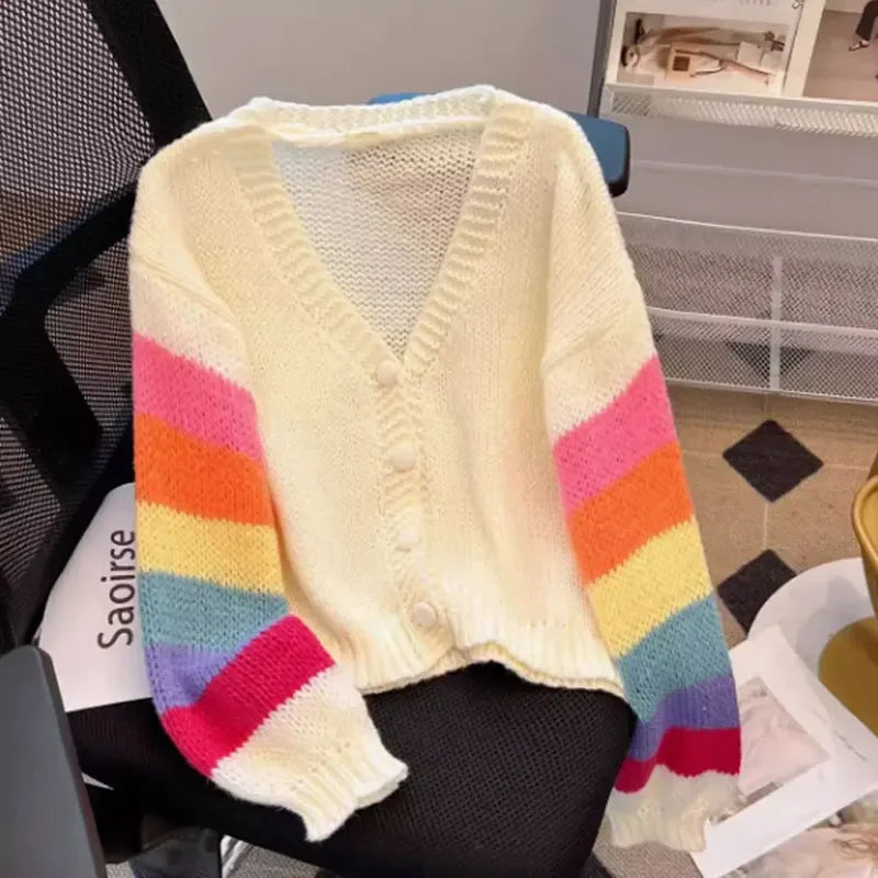 Rainbow-Striped Knitted Women's Cardigan with Button Closure