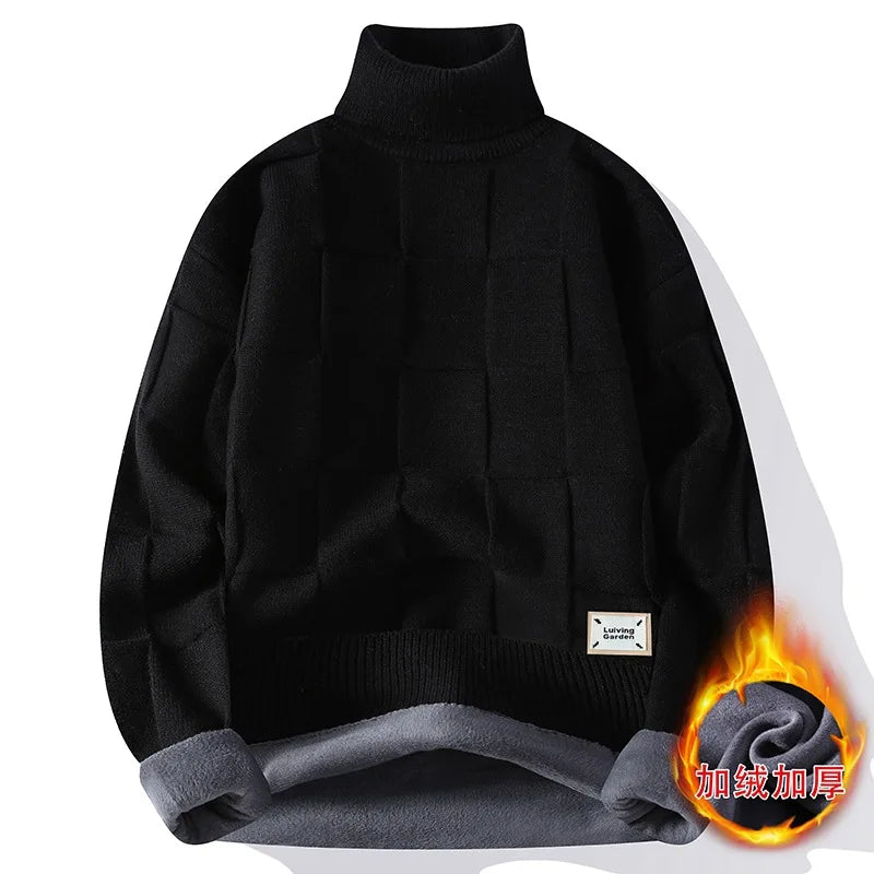 Men's Warm Fleece Turtleneck Sweater - Knitted, Loose Fit, Cozy Winter Pullover