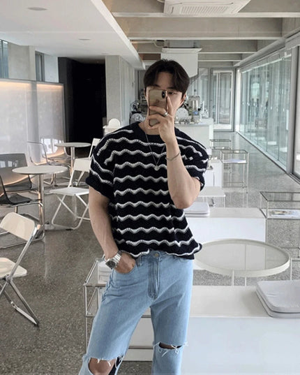Men's Knit Jacquard Striped Hollow-Out Casual T-Shirt