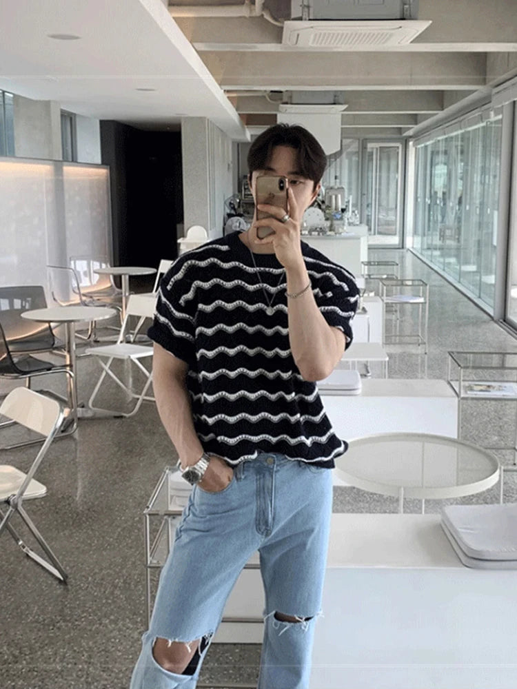 Men's Knit Jacquard Striped Hollow-Out Casual T-Shirt