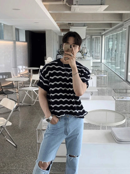 Men's Knit Jacquard Striped Hollow-Out Casual T-Shirt