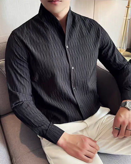 Men’s Slim-Fit Long-Sleeve Shirt with Stand Collar, Textured Fabric, and Embroidery