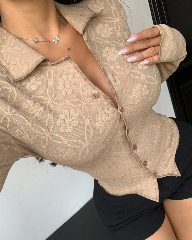 Women's Slim Fit Long Sleeve Turn-Down Collar Blouse