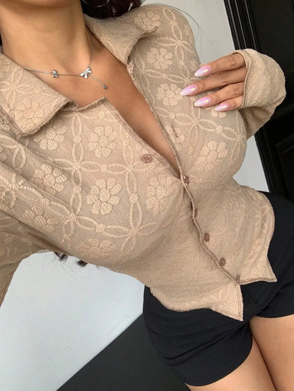 Women's Slim Fit Long Sleeve Turn-Down Collar Blouse