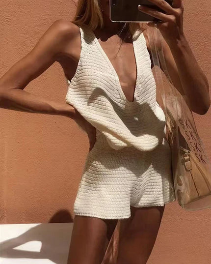 Knitted Women's Two-Piece Set with Deep V-Neck Sleeveless Loose Vest and Lace-Up Short