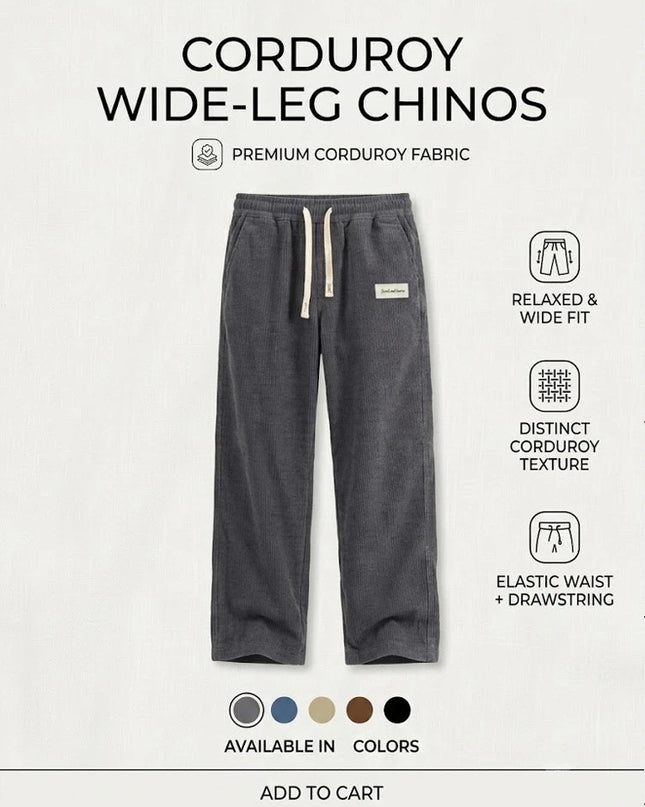 Men's Corduroy Sweatpants - Casual, Loose Fit, Straight Leg, Elastic Waist with Drawstring