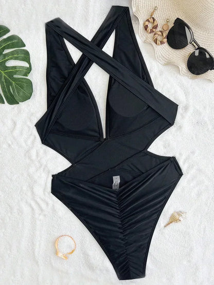 Women's Deep V Neck Cross Backless One-Piece Swimsuit - High Cut, Stylish & Flattering Swimwear