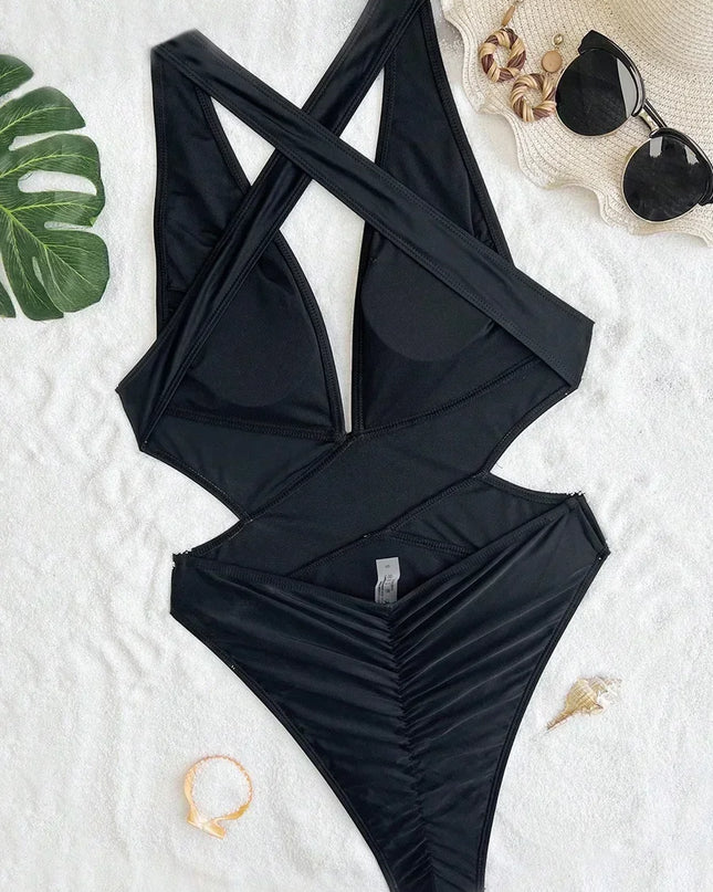 Women's Deep V Neck Cross Backless One-Piece Swimsuit - High Cut, Stylish & Flattering Swimwear
