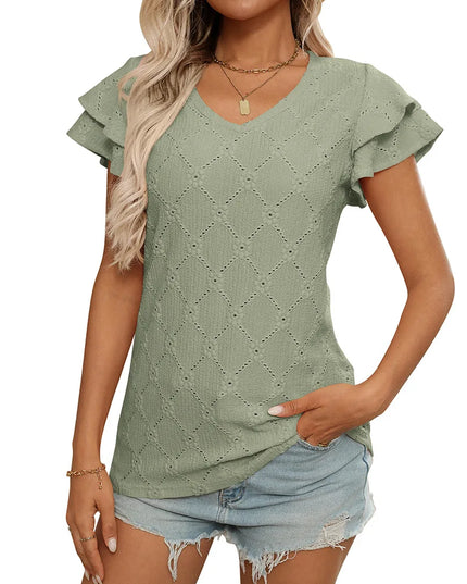 Women’s Elegant V-Neck Blouse with Ruffle Details and Short Sleeves