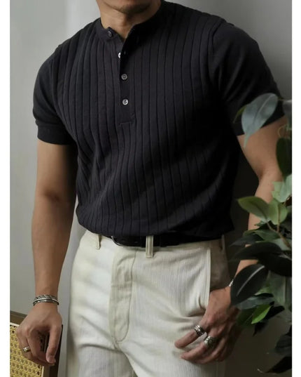 Men's Solid Zipper Knitted Polo Shirt with Lapel