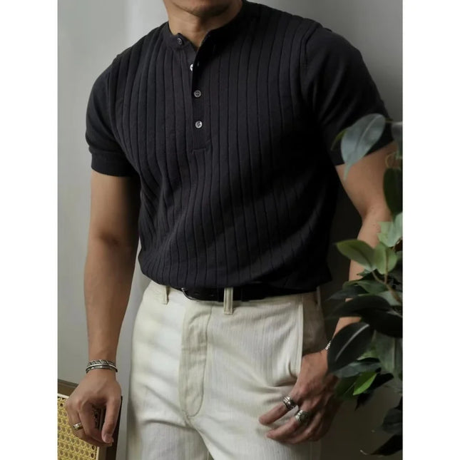 Men's Solid Zipper Knitted Polo Shirt with Lapel