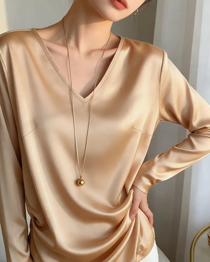 Women's Satin Feel V-Neck Long Sleeve Loose Elegant Blouse