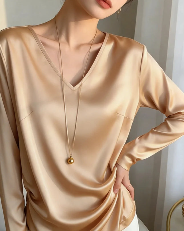 Women's Satin Feel V-Neck Long Sleeve Loose Elegant Blouse