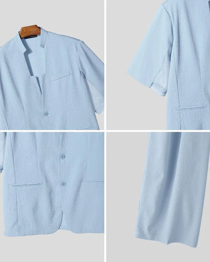 INCERUN Men's Two-Piece V-Neck Short Sleeve Blazer & Pants Set