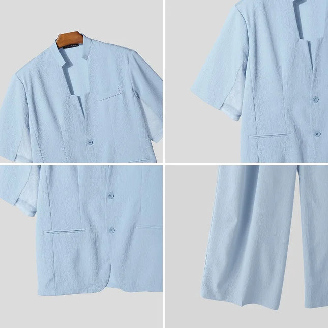 INCERUN Men's Two-Piece V-Neck Short Sleeve Blazer & Pants Set