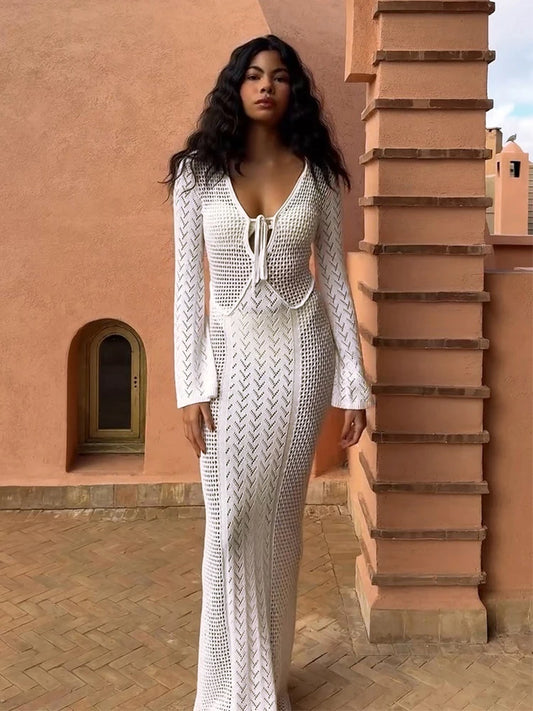 Women's Knit Swimsuit Cover-Up with V-Neck & Hollow-Out Design – Long Sleeve Beach Maxi Dress