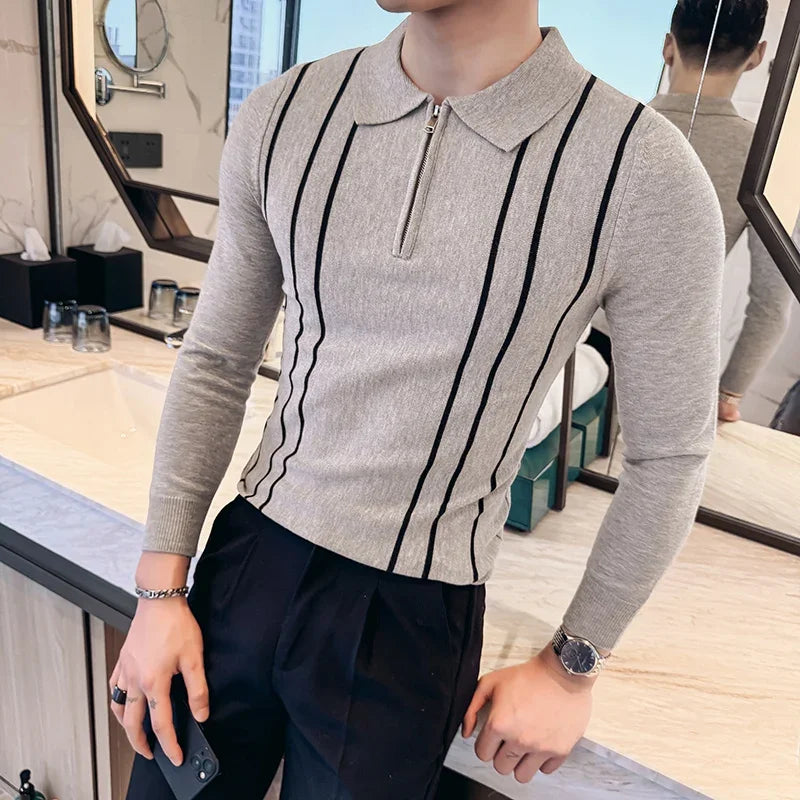 Men's Striped Zipper Collar Sweater with Flip Collar, Knitted Polo Style, Slim Fit