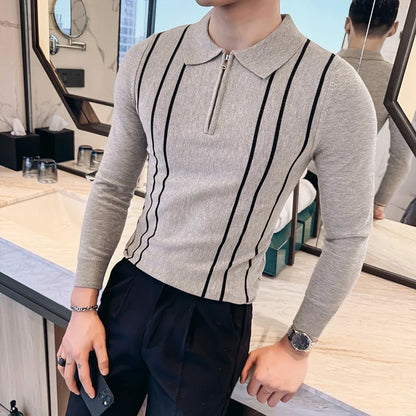 Men's Striped Zipper Collar Sweater with Flip Collar, Knitted Polo Style, Slim Fit