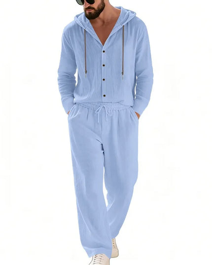 Men's 2-Piece Casual Outfit with Hooded Button-Down Shirt and Long Pants Set
