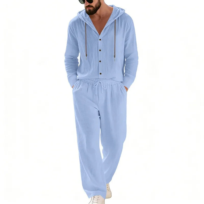Men's 2-Piece Casual Outfit with Hooded Button-Down Shirt and Long Pants Set