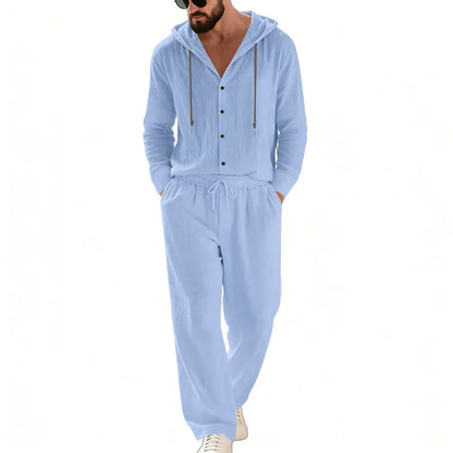 Men's 2-Piece Casual Outfit with Hooded Button-Down Shirt and Long Pants Set