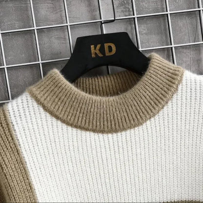 Men's Casual Patchwork Knitted Plaid Sweater with Round Neck - Stylish Block Design