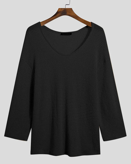 Incerun Men's Knitted V-Neck Long Sleeve Hollow-Out Loose Sweater