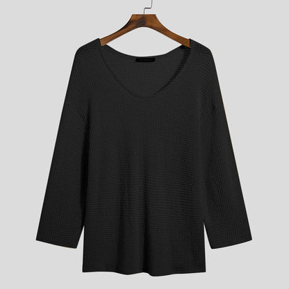 Incerun Men's Knitted V-Neck Long Sleeve Hollow-Out Loose Sweater