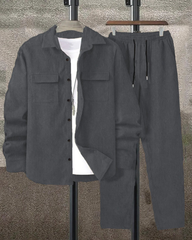 Men's Corduroy 2-Piece Shirt and Pants Set - Long Sleeve Button-Front Casual Outfit for Men