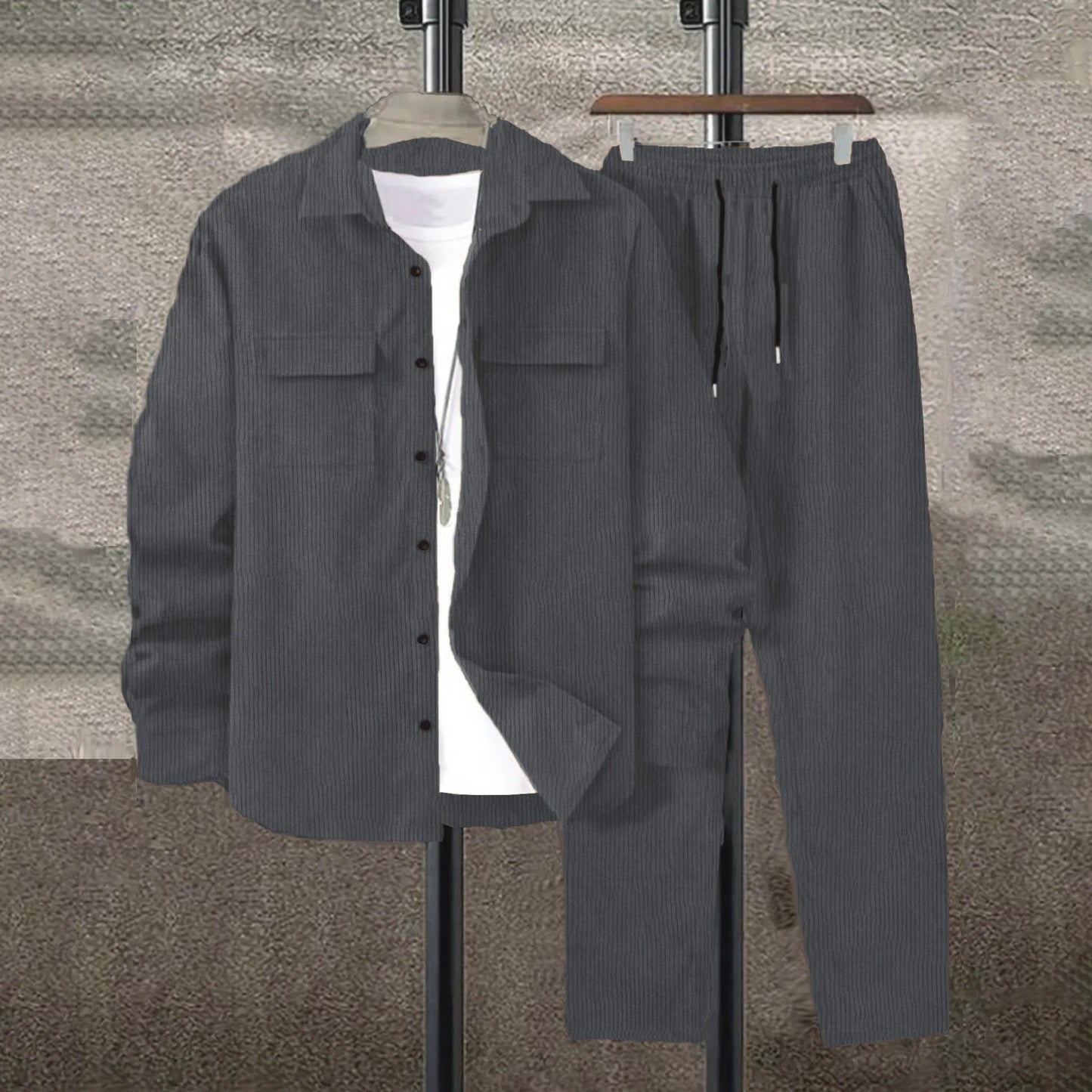 Men's Corduroy 2-Piece Shirt and Pants Set - Long Sleeve Button-Front Casual Outfit for Men