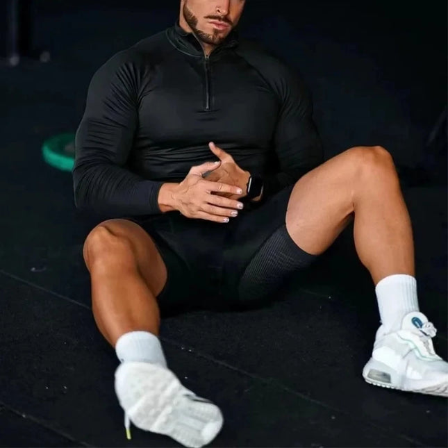 Men's Slim Fit Fitness Compression T-Shirt with Long Sleeves, Half-Zip, High Neck, and Elastic Design