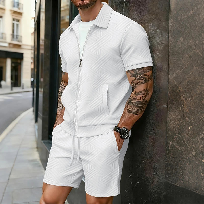 Men's Casual Two-Piece Short Sleeve Polo Shirt and Shorts Set
