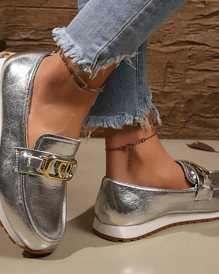 Metal Buckle Faux Leather Women's Flat Heel Shoes