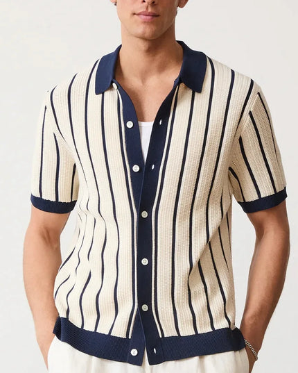 Men's Striped Knit Polo Shirt with Turn-Down Collar – Stylish Knitted Polo for Men