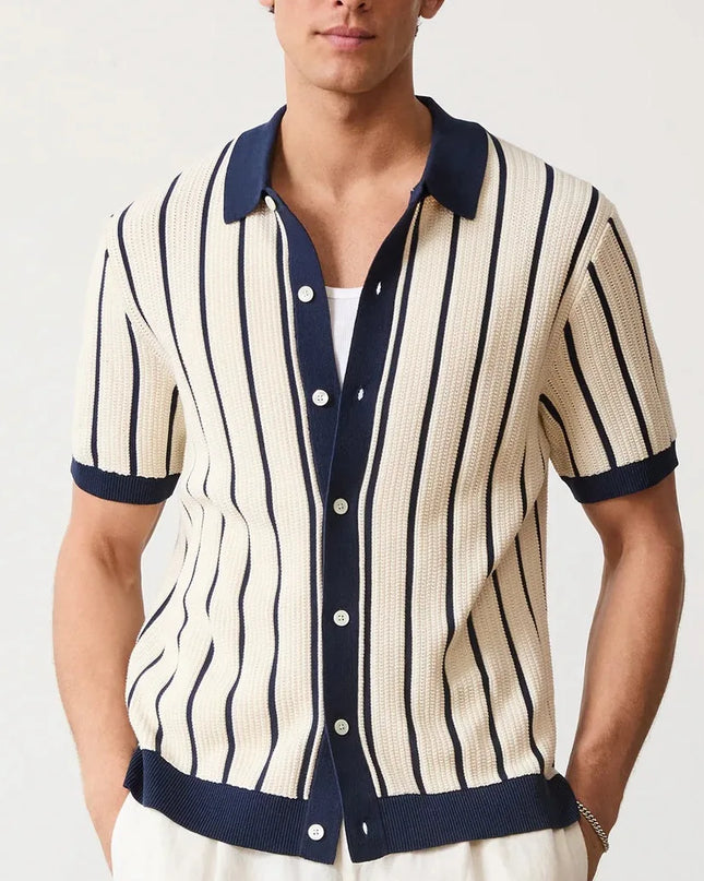 Men's Striped Knit Polo Shirt with Turn-Down Collar – Stylish Knitted Polo for Men